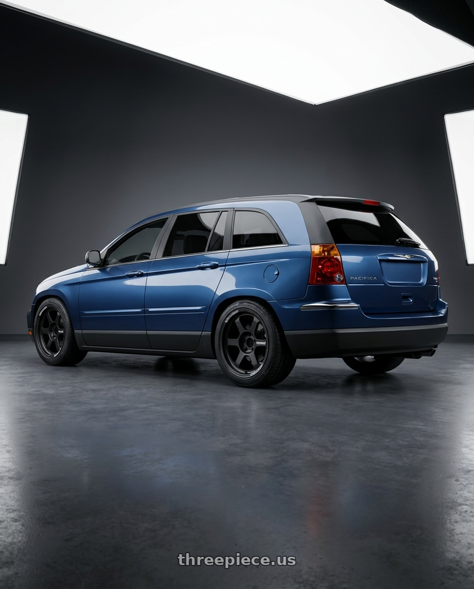 2006 Chrysler Pacifica Touring AWD with Volk Racing TE37XT M-SPEC 5x127 17x7.5+35 Blast Black wheels rear three quarter view square tires