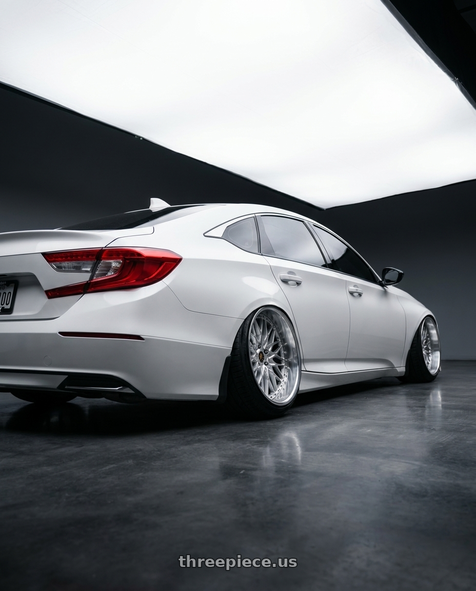 2021 Honda Accord with Work Vs-Xv 5x120 19x11.5+1 R Disk Silky Rich Silver wheels rear three quarter view slight stretch tires
