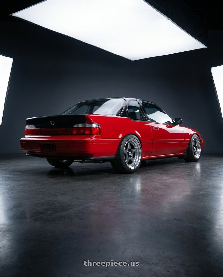 1991 Honda prelude with Work Meister Cr01 4x100 16x7+22 A Disk Matte Gunmetal wheels rear three quarter view meaty tires