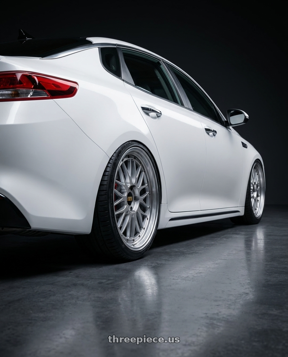 2017 kia optima gt line with BBS LM 5x114.3 18x8.0+35 Diamond Silver wheels rear three quarter view square tires