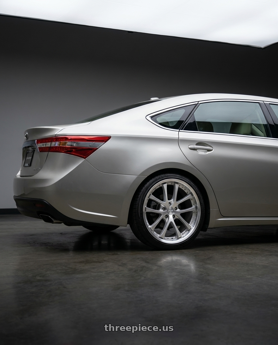 2013 toyota avalon with Vors AR5 5x114.3 19x8.5 +35 Silver Machine Face Lip Chrome Rivet wheels rear three quarter view slight stretch tires