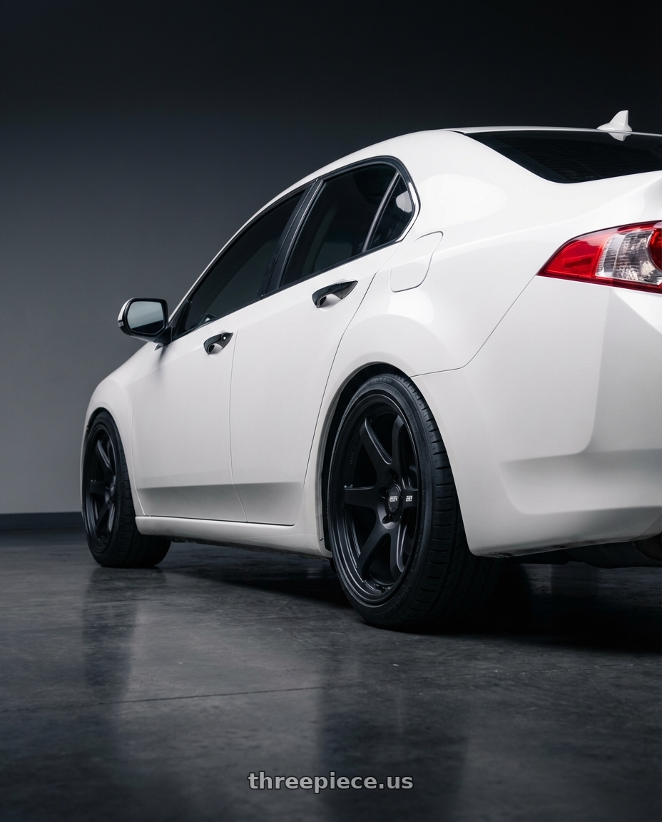 2013 Acura TSX with ESR Wheels APEX SERIES AP6 5x114.3 18x8.5 +30 Matte Black wheels rear three quarter view square tires