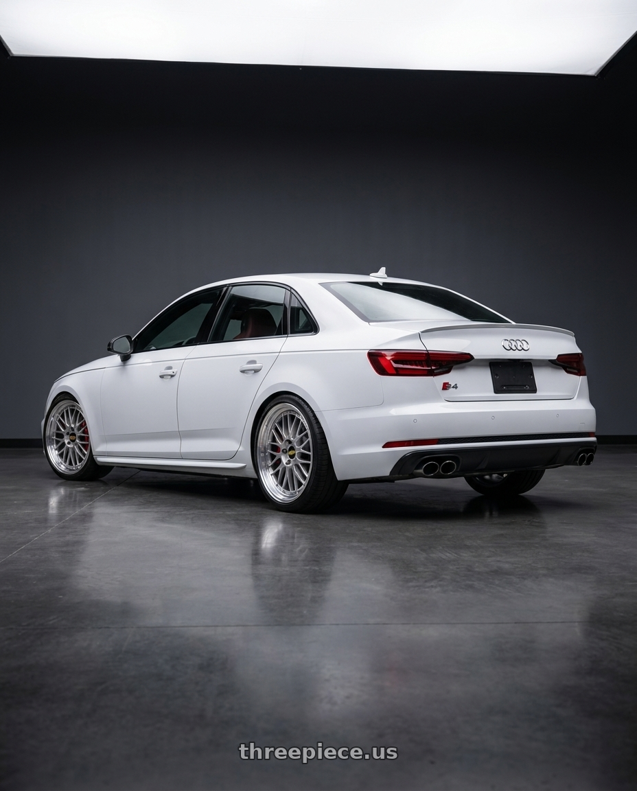 2019 audi s4 with BBS LM 5x130 19x11.0+63 Diamond Silver wheels rear three quarter view slight stretch tires