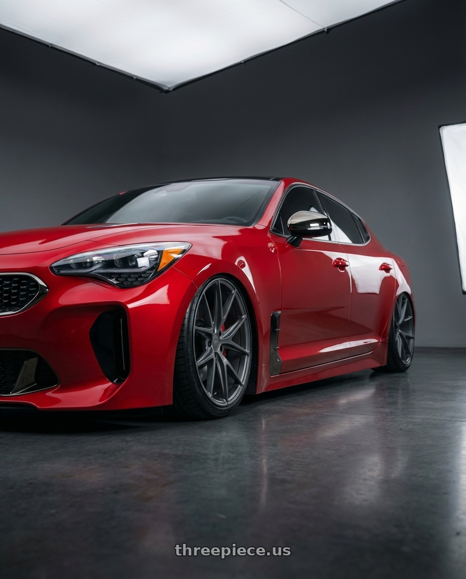 2022 Kia Stinger GT with Niche 1PC M116 MISANO 5X114.3 19X8.5 +45 MATTE GUN METAL wheels front three quarter view stanced stance