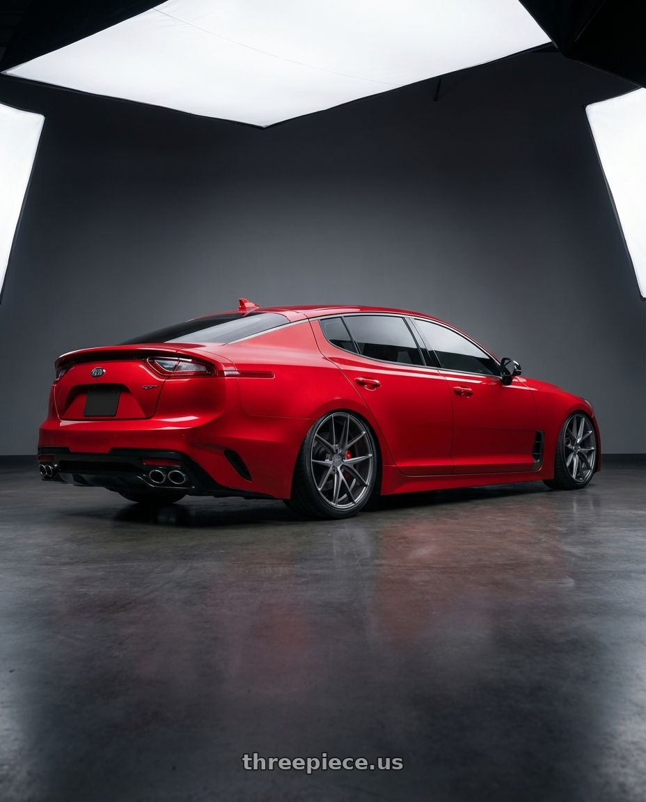 2022 Kia Stinger GT with Niche 1PC M116 MISANO 5X114.3 19X8.5 +45 MATTE GUN METAL wheels rear three quarter view slight stretch tires