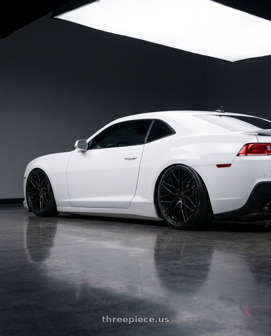 2014 Chevrolet Camaro 5th Gen with Avant Garde Wheels M520R 5X120 20x9 +38 Gloss Black wheels rear three quarter view slight stretch tires