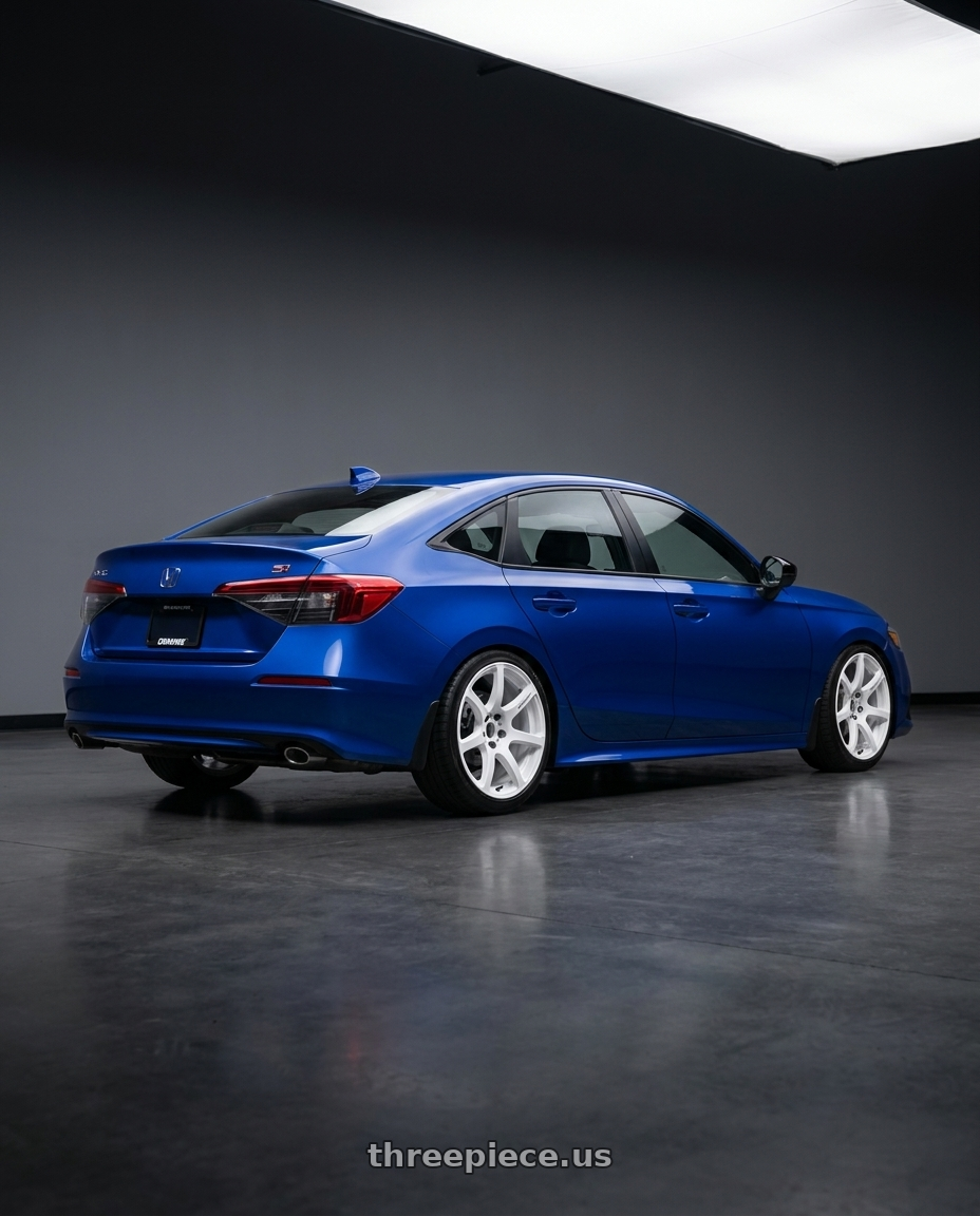 2025 Honda civic si with Work Emotion T7r 5x100 18x9.5 +38 White wheels rear three quarter view slight stretch tires
