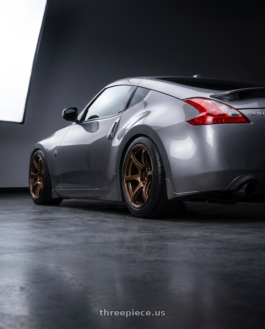 2009 Nissan 370z with Advan Racing RG-4 5x114.3 18x11.0 +15 RACING COPPER BRONZE wheels rear three quarter view meaty tires
