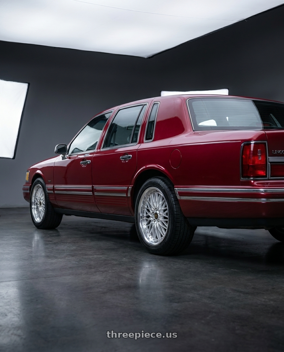 1994 Lincoln Towncar Executive Series with Work Vs-Xv 5x114.3 18x8+21 O Disk Silky Rich Silver wheels rear three quarter view square tires