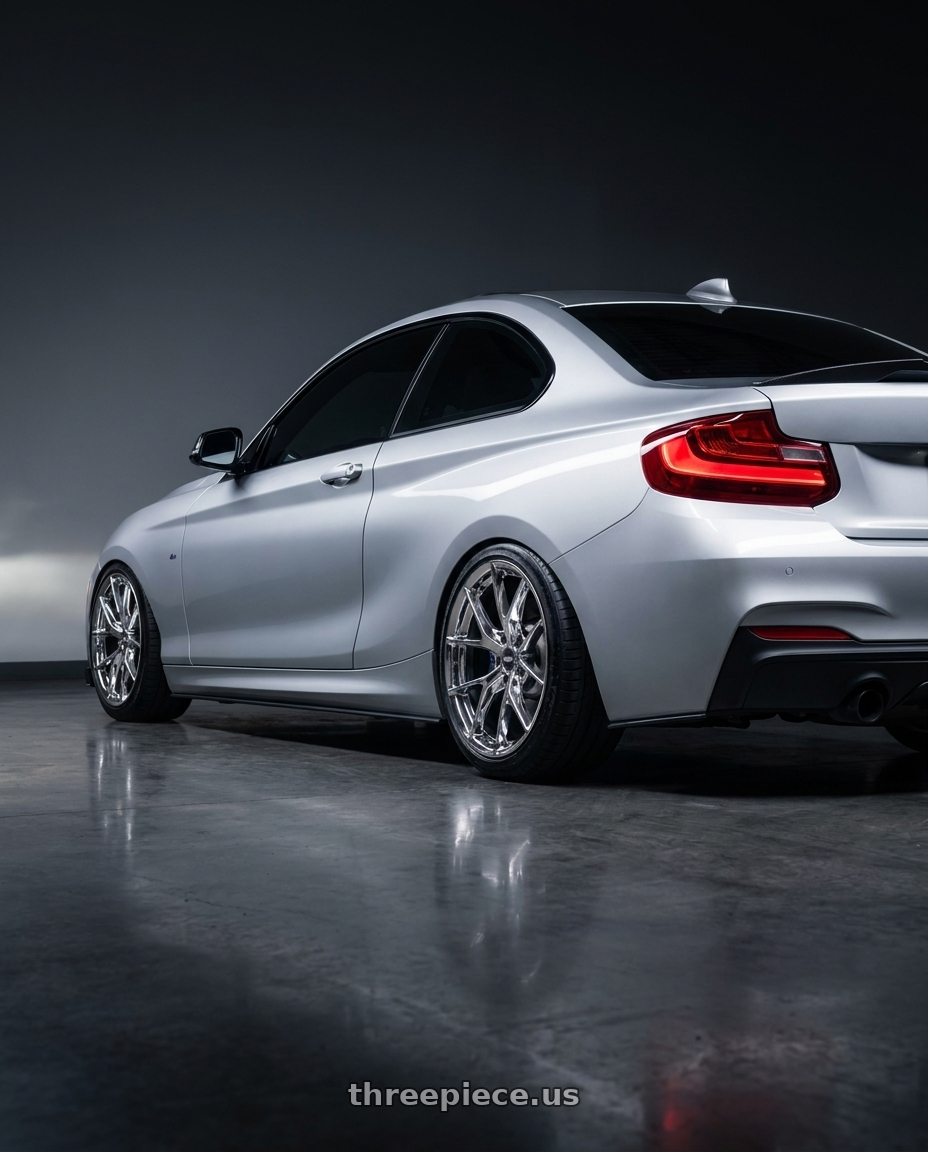 2016 BMW M235 with ESR Wheels RF2 5x120 18x8.5 +30 Chrome wheels rear three quarter view slight stretch tires
