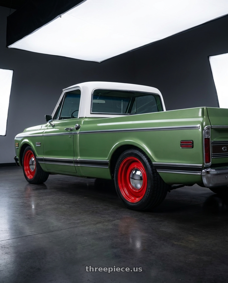 1969 gmc 1500 with Boyd Coddington 61R Smoothie 6x139.7 15x7 00 Baron Red wheels rear three quarter view square tires