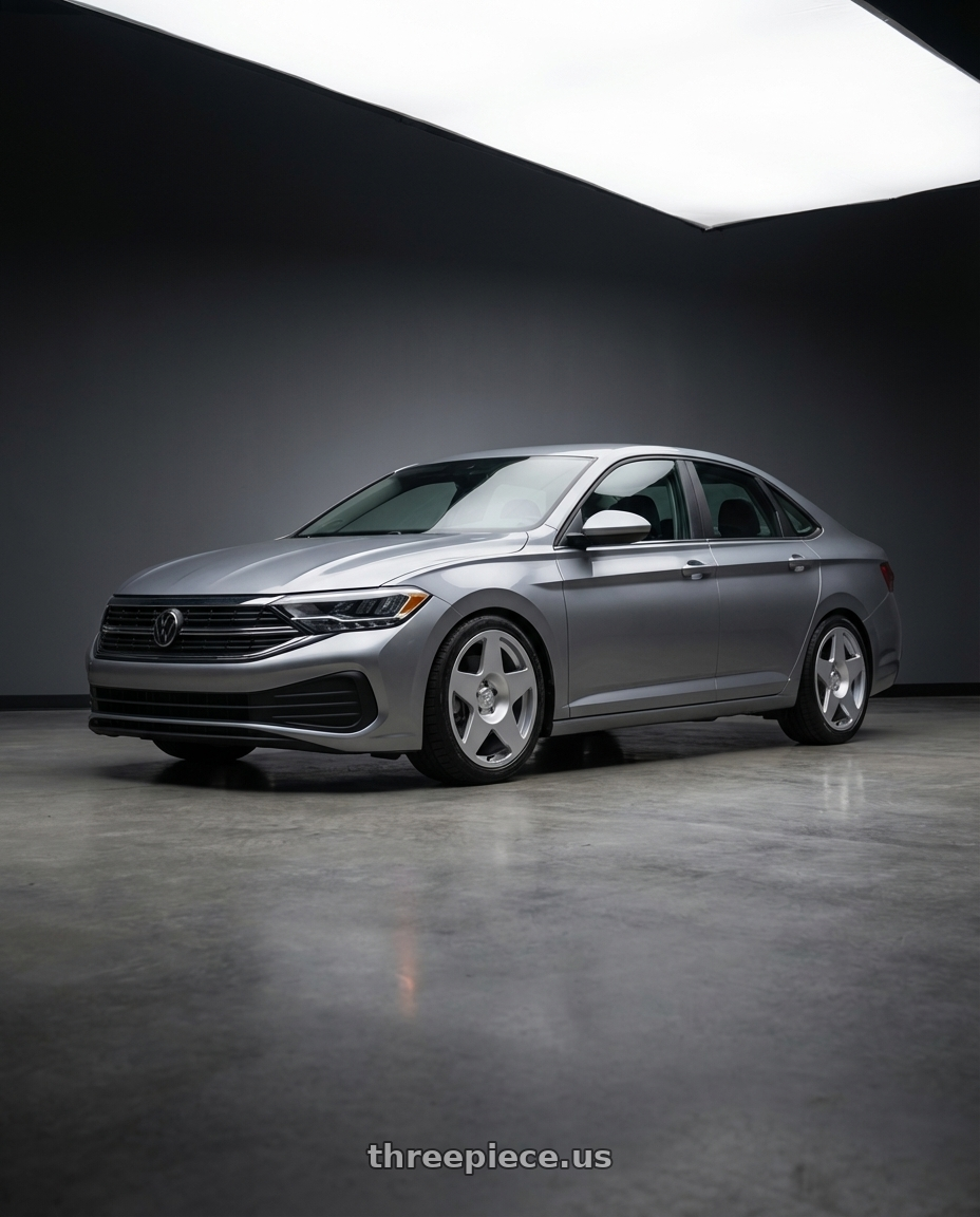 2024 Volkswagen jetta  with fifteen52 Tarmac 5x112 18X8.5 +45 SPEED SILVER (GLOSS SILVER) wheels front three quarter view lowered stance