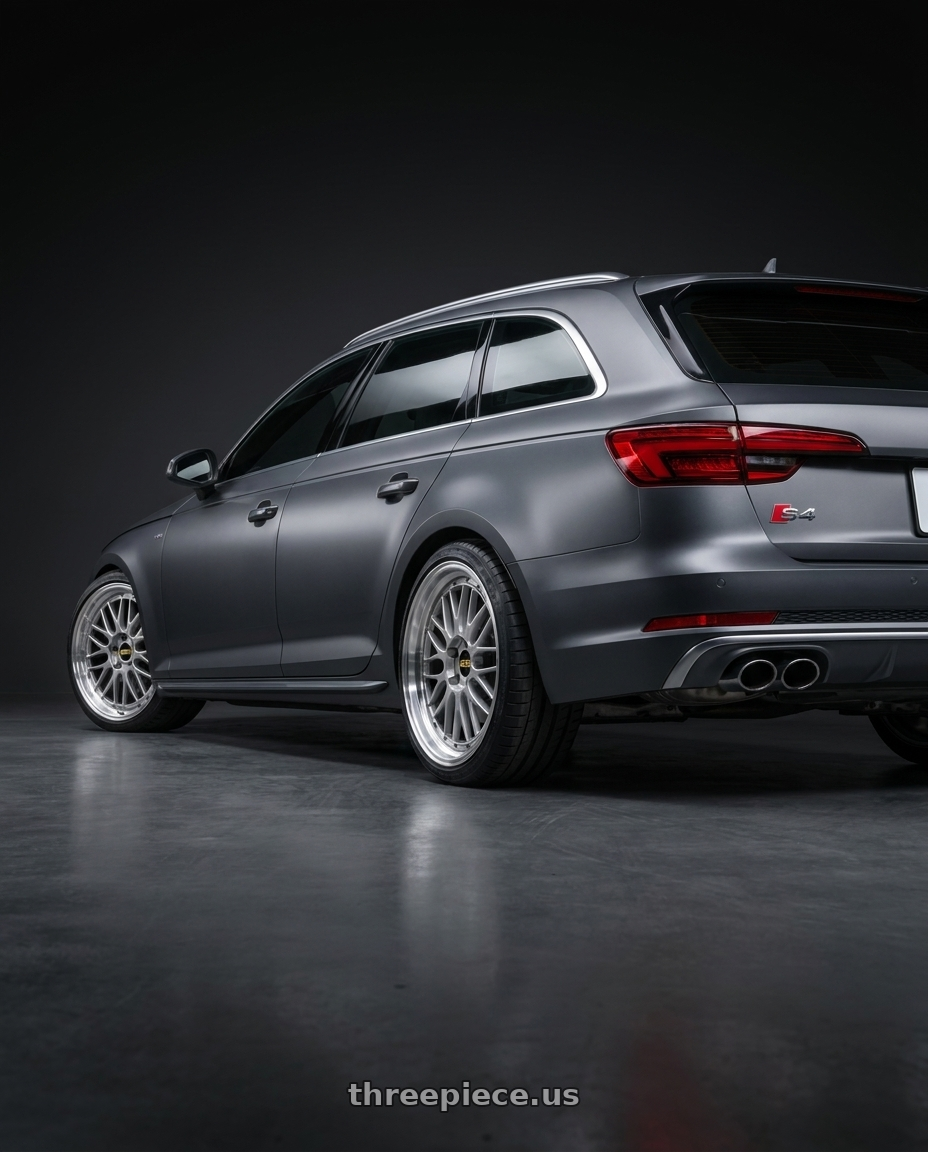 2017 Audi S4 Avant B9 with BBS LM 5x114.3 18x9.0+42 Diamond Silver wheels rear three quarter view square tires