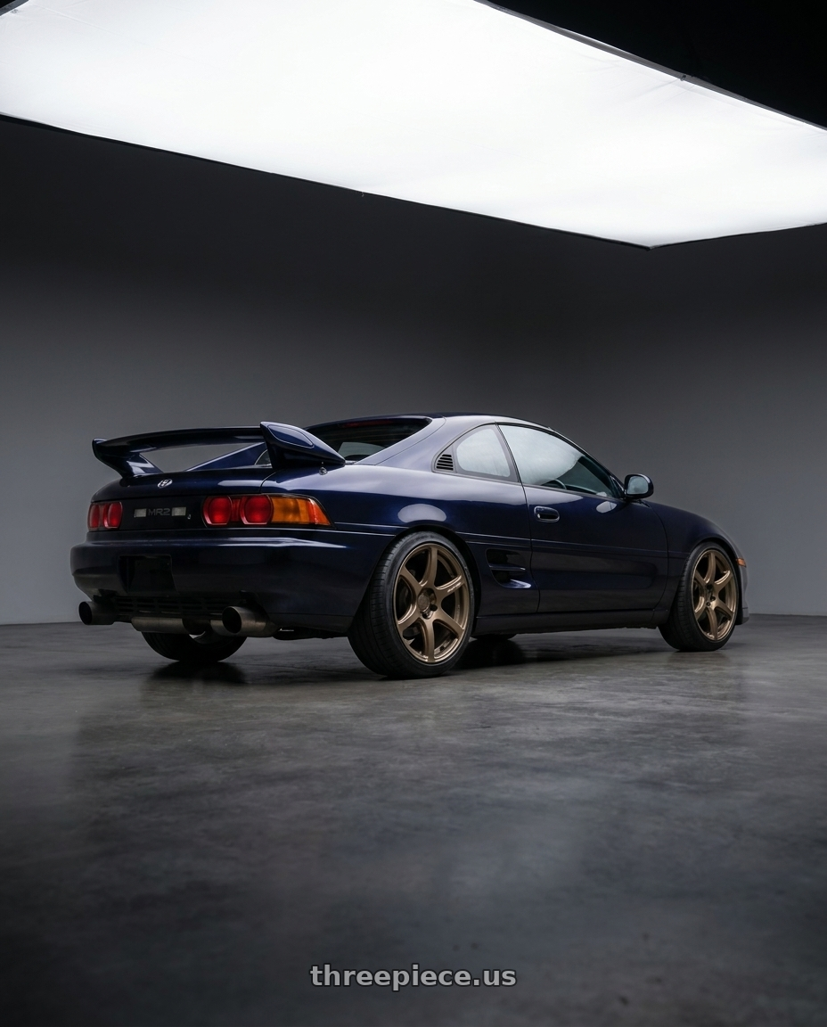 1998 toyota mr2 with Work Emotion T7r 5x108 18x8.5 +30 Matte Bronze wheels rear three quarter view slight stretch tires