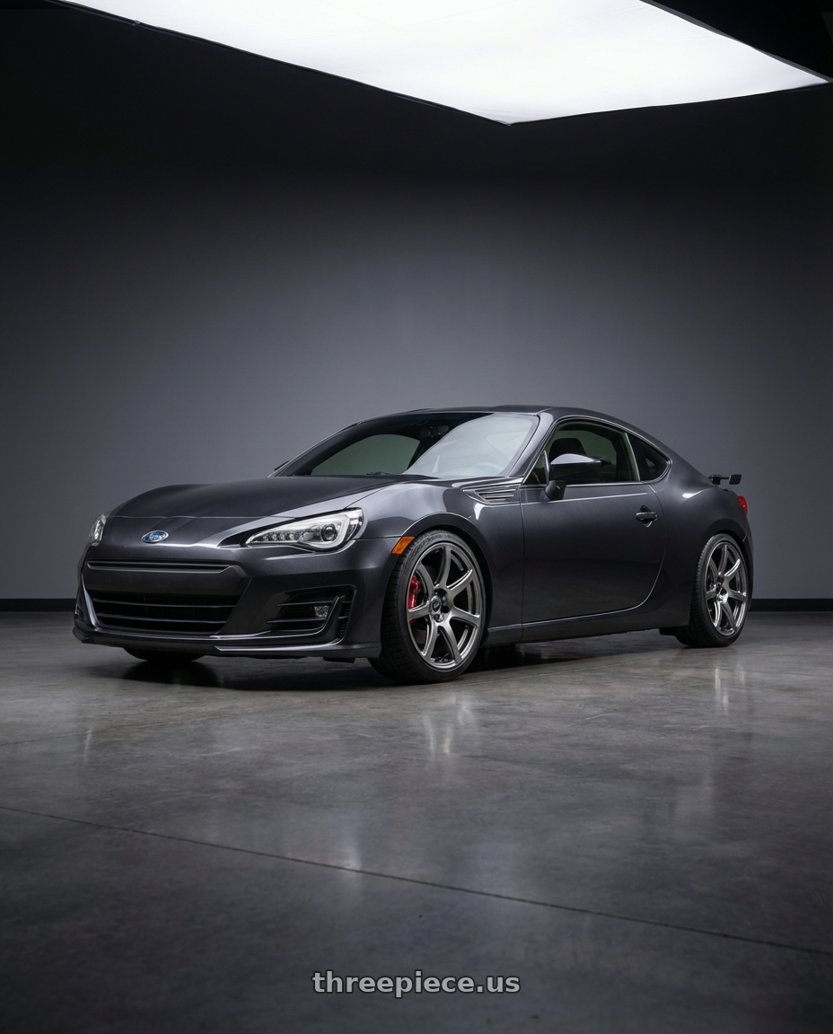 2017 Subaru BRZ Performance Dark Grey Metallic with Work Emotion T7r 5x100 18x10.5 +32 Gt Silver wheels front three quarter view lowered stance