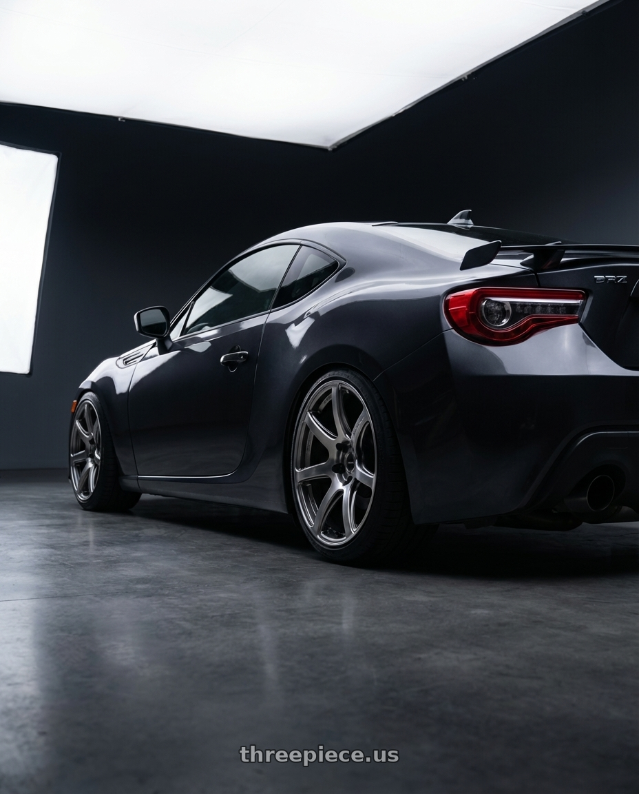 2017 Subaru BRZ Performance Dark Grey Metallic with Work Emotion T7r 5x100 18x10.5 +32 Gt Silver wheels rear three quarter view square tires