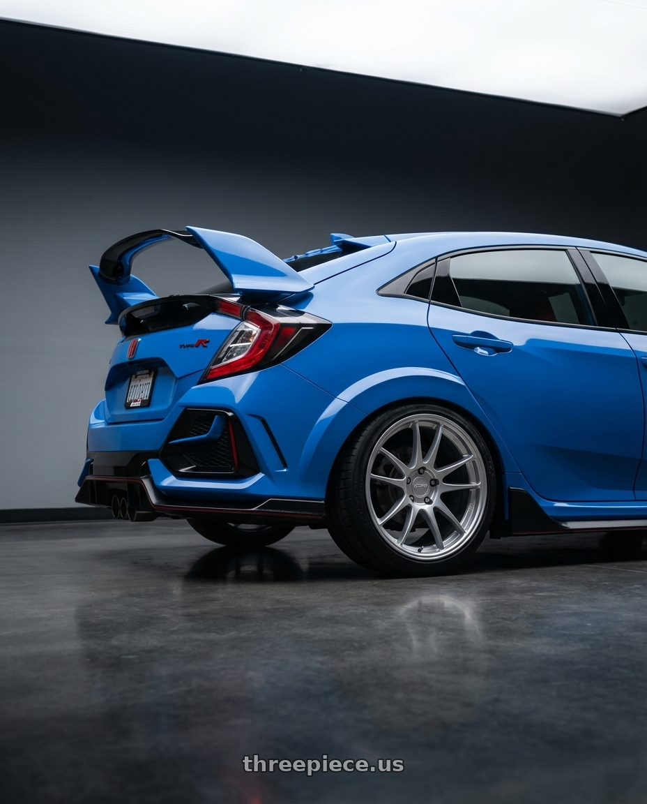2020 Honda Civic Type R with Kansei K11S Tandem 5X120 19x9.5 22 Hyper Silver wheels rear three quarter view square tires
