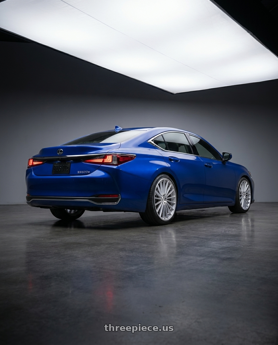 2027 LEXUS ES500e with DOLCE PERFORMANCE GHOST 5x120 20x8.5 +28 Gloss Silver Machined Face wheels rear three quarter view slight stretch tires
