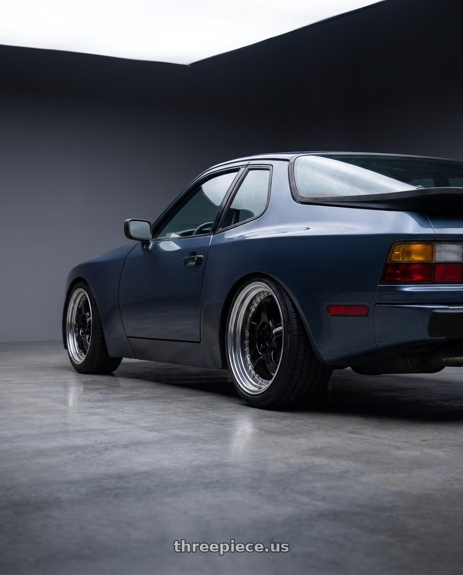1989 Porsche 944 with Work Meister S1 3P 5x114.3 17x9+61 W Disk Black wheels rear three quarter view slight stretch tires