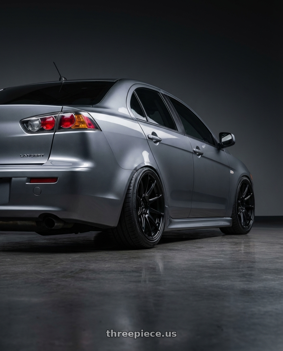 2014 Mitsubishi Lancer Ralliart with Aodhan AH09 5x114.3 18x9.5 +35 Gloss Silver Machined Face wheels rear three quarter view slight stretch tires