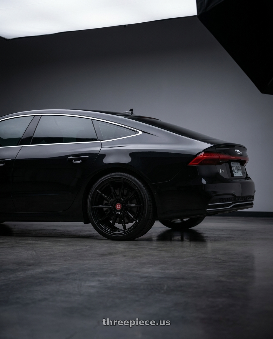 2020 audi A7 with Avant Garde F07R 5x120 20x9 +34 Gloss Black wheels rear three quarter view square tires