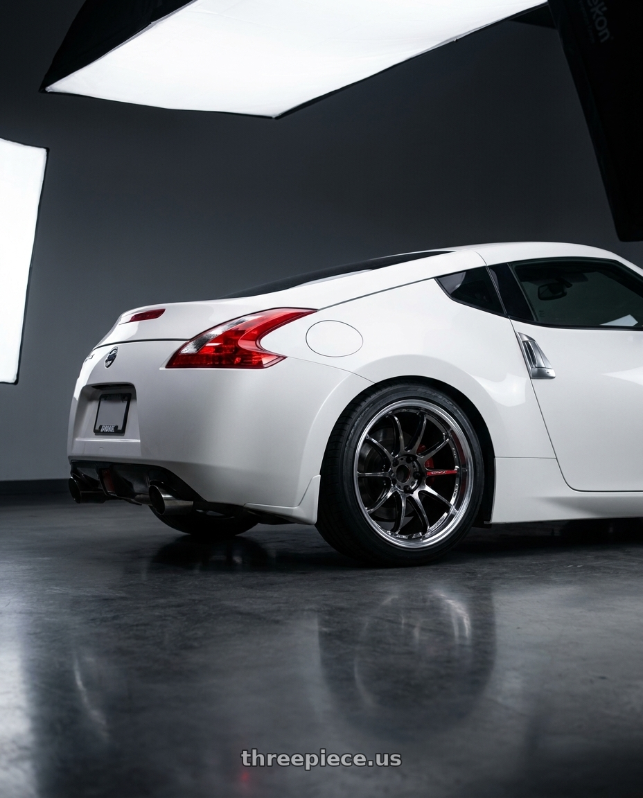 2017 Nissan 370z  with Work Emotion Zr10 5x100 19x10.5 +23 Glim Black Diamond Rim cut wheels rear three quarter view square tires