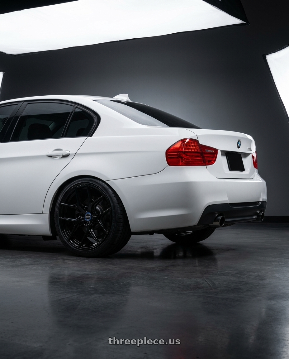 2009 Bmw 335I Alpine White with VOSSEN HF6-4 6X139.7 18x9 +0 GLOSS BLACK wheels rear three quarter view square tires