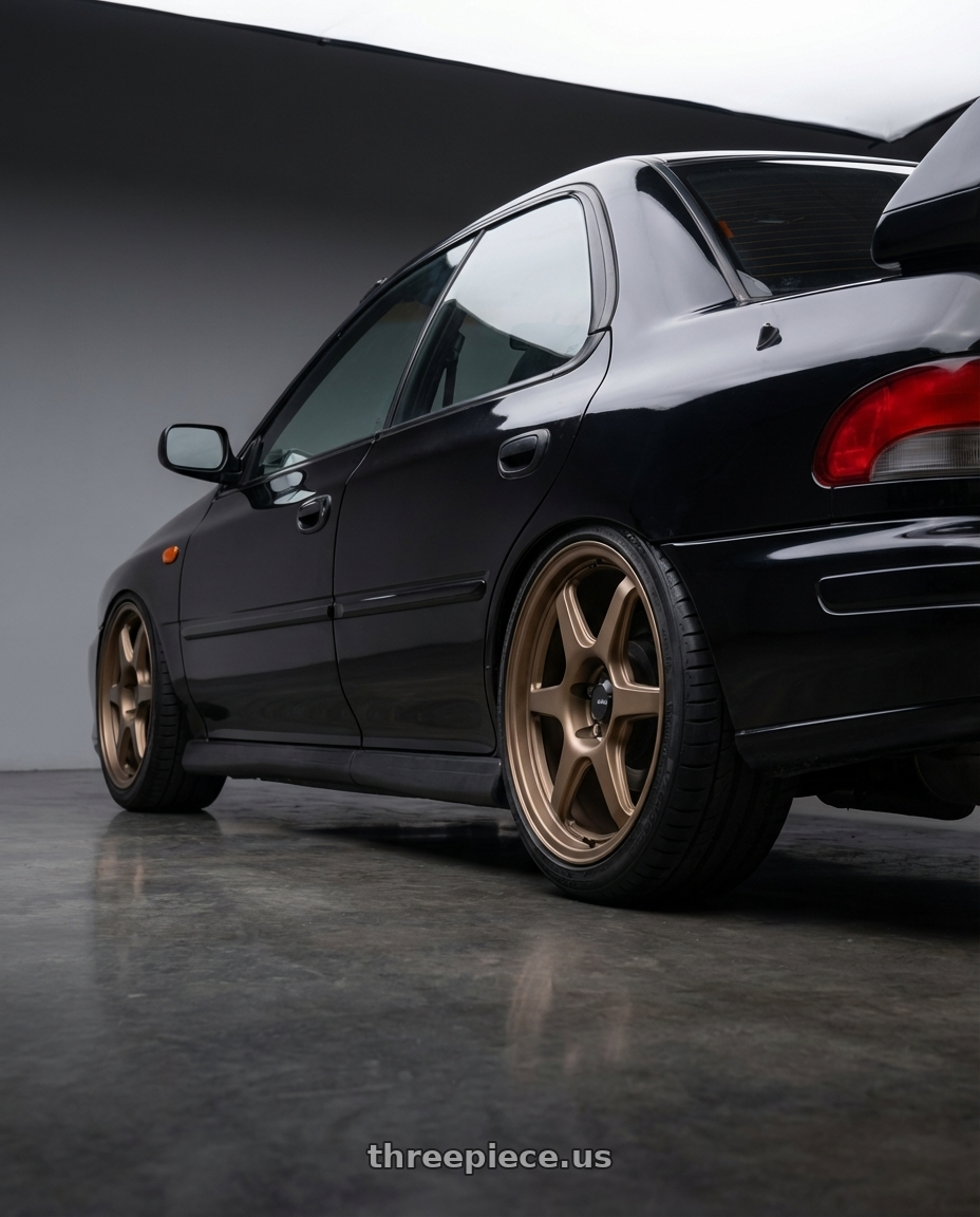 1998 Subaru Impreza GC8 with Konig Hexaform 5x100 18x8.5+40 Matte Bronze wheels rear three quarter view square tires