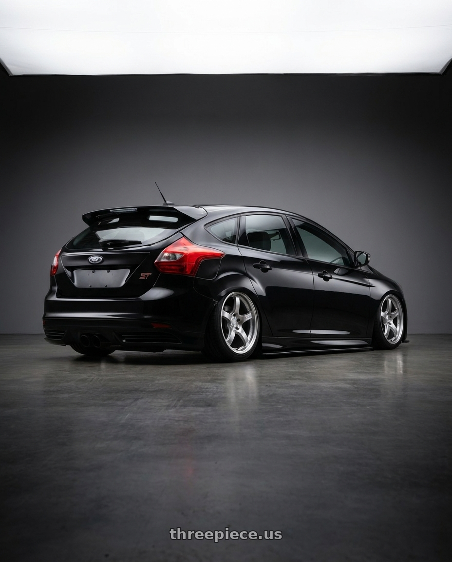 2013 focus st black with Gram Lights 57CR 5x114.3 18x9.5+38 Grace Silver wheels rear three quarter view slight stretch tires