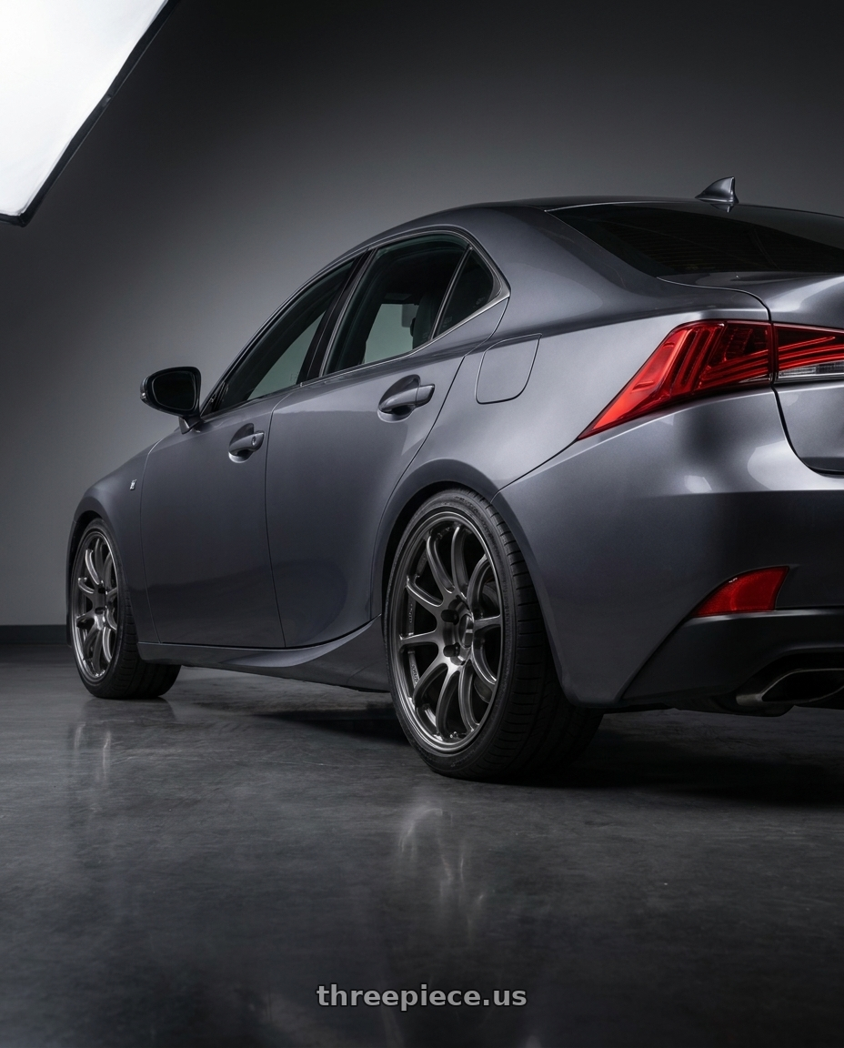 2017 Lexus is with Enkei PF09 5x114.3 18x8.5+45 Dark Silver wheels rear three quarter view square tires