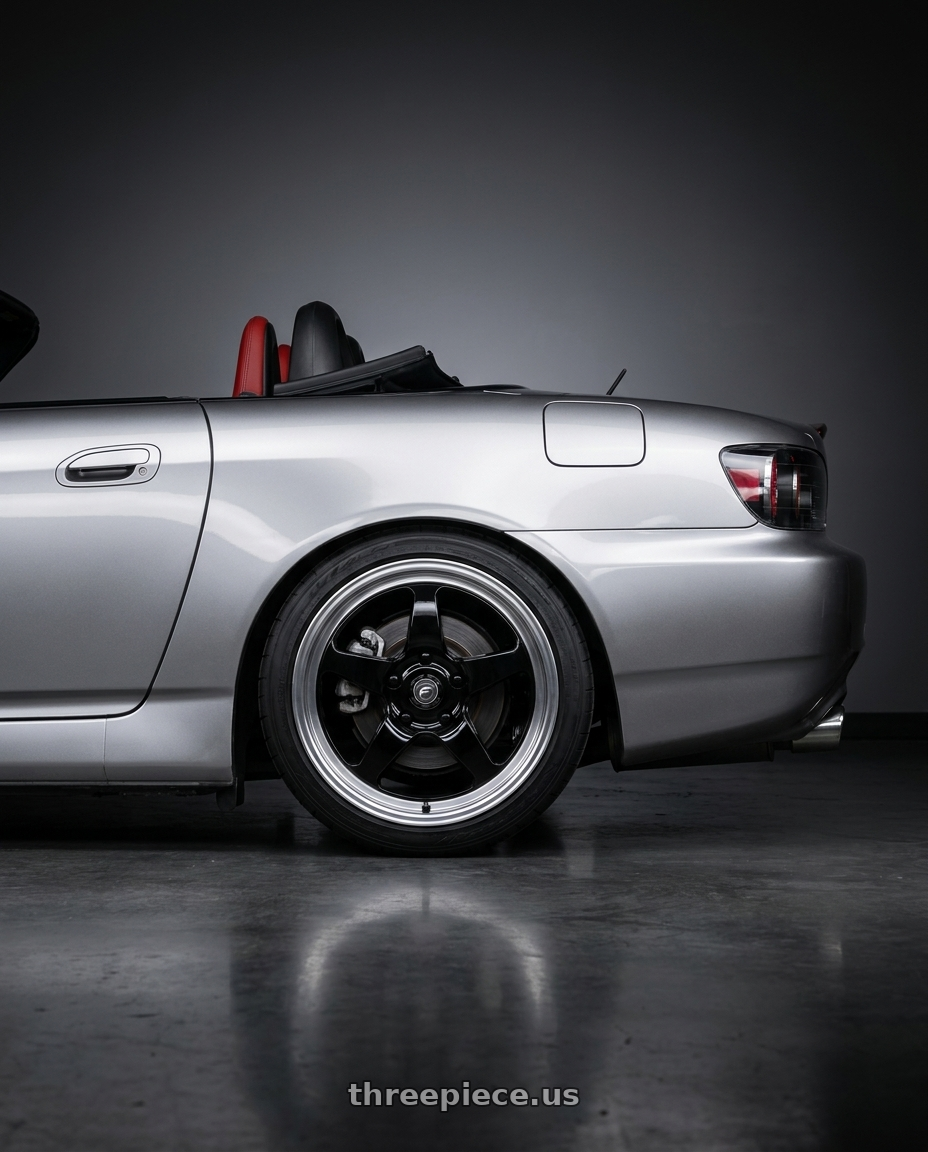 2009 Honda S2000 with Forgestar D5 Drag 5x114.3 17x7 +6 Gloss Black Machined wheels rear three quarter view square tires