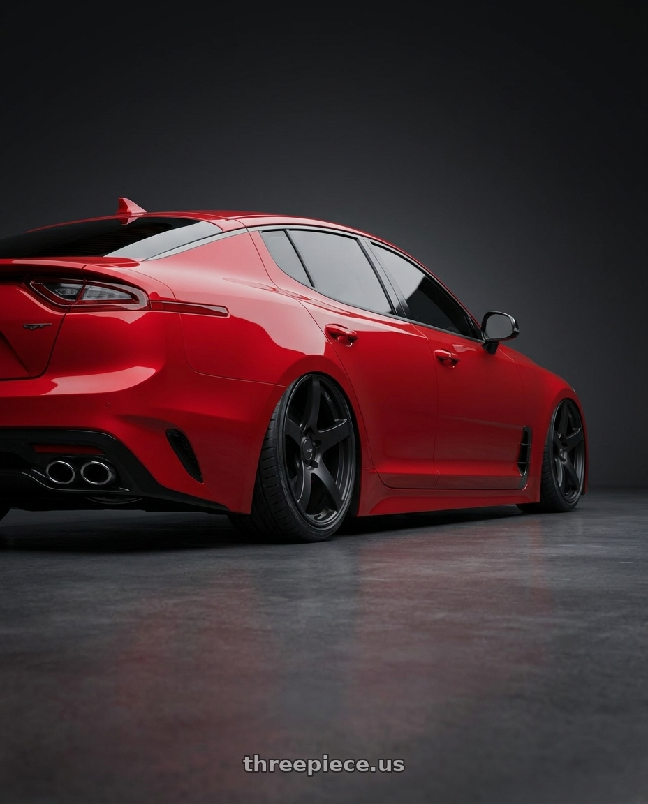 2022 Kia Stinger GT with Ssr Gtv01 5x114.3 19x8.5+38  FLAT BLACK wheels rear three quarter view slight stretch tires
