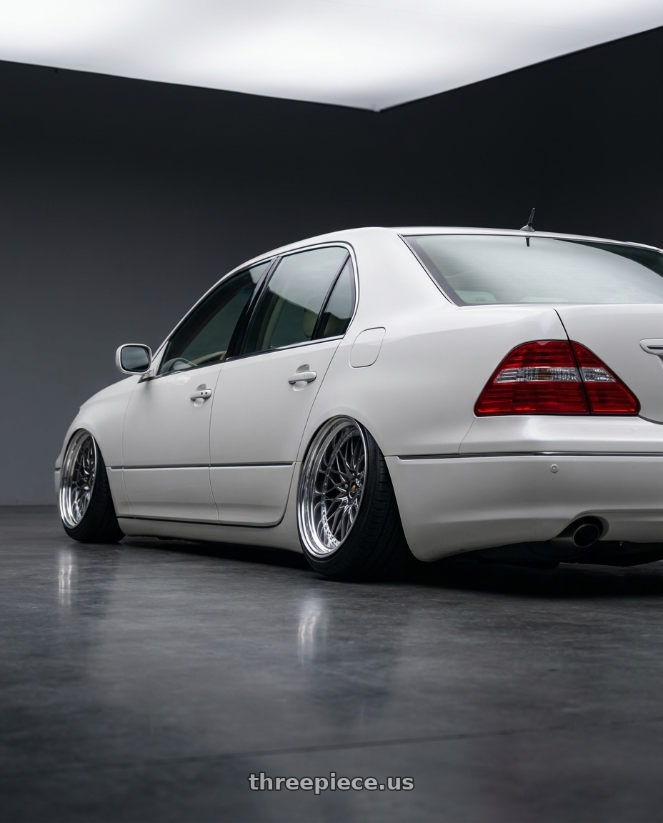 2004 lexus ls430 with Work Vs-Xv 5x100 18x10-37 A Disk Brilliant Silver Black wheels rear three quarter view extreme stretch tires