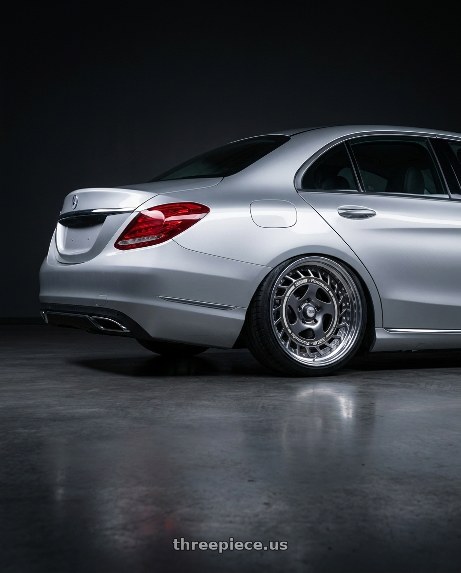 2016 Mercedes benz c220d with FORMULA AERO SPOKE 5X100 18X9.5+0 HP Disk Titan Silver wheels rear three quarter view slight stretch tires