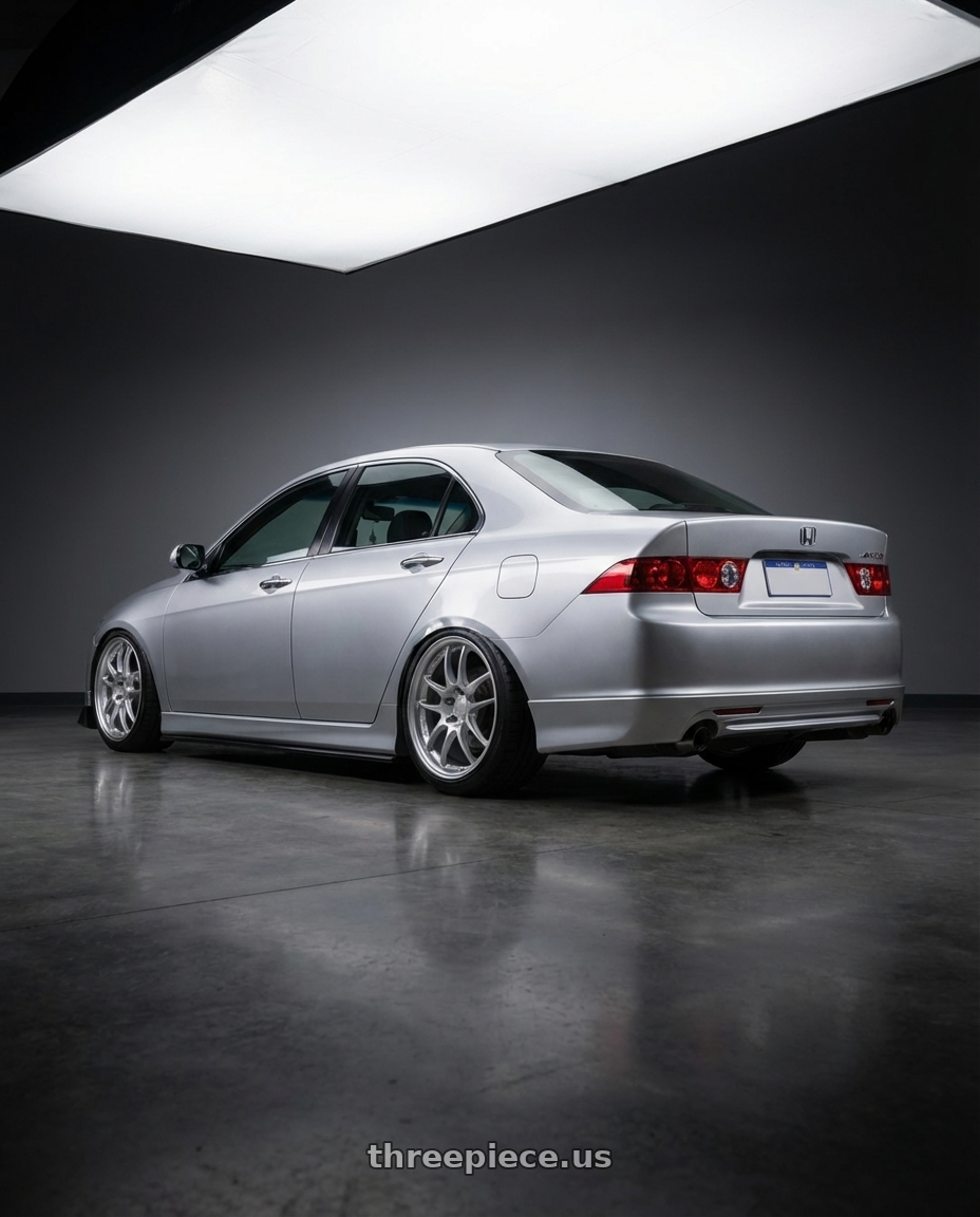 2004 Honda AccordEuro Cl9 Silver with Enkei PF01 5x114.3 17x9+48 Silver wheels rear three quarter view square tires