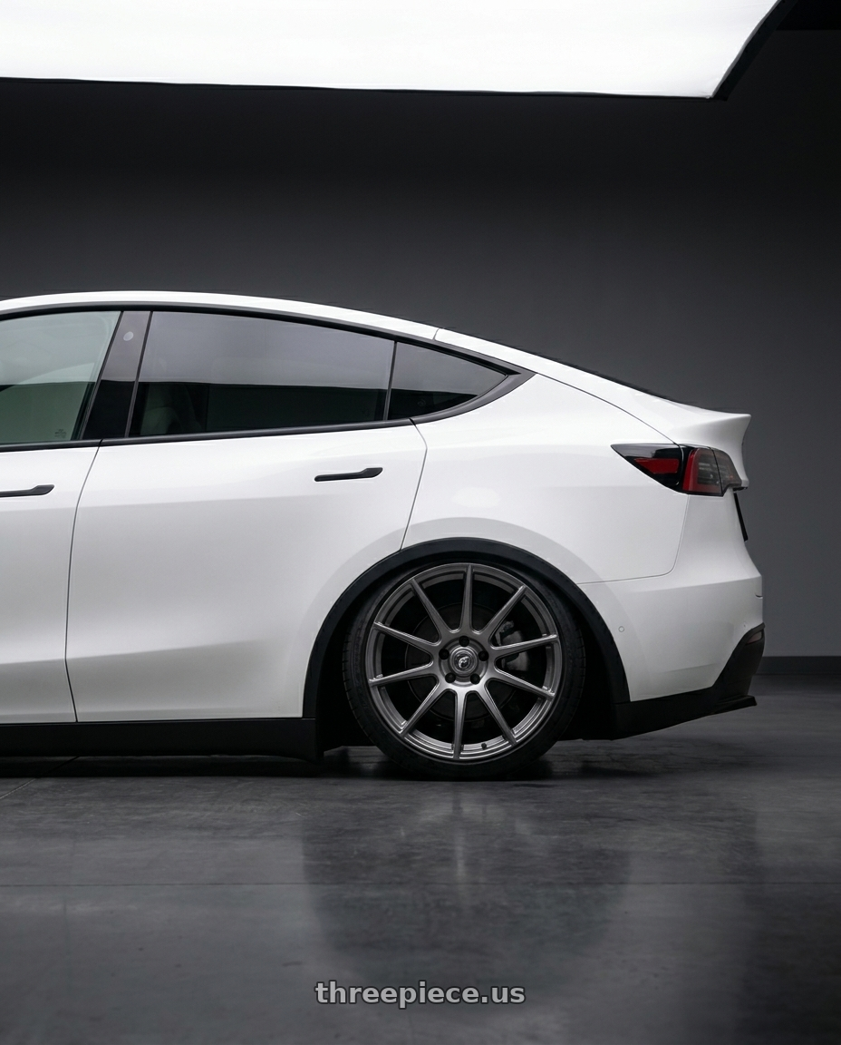 2026 Tesla Model Y White with Forgestar CF10 5x114.3 19x9.5 +29 Gloss Anthracite wheels rear three quarter view slight stretch tires