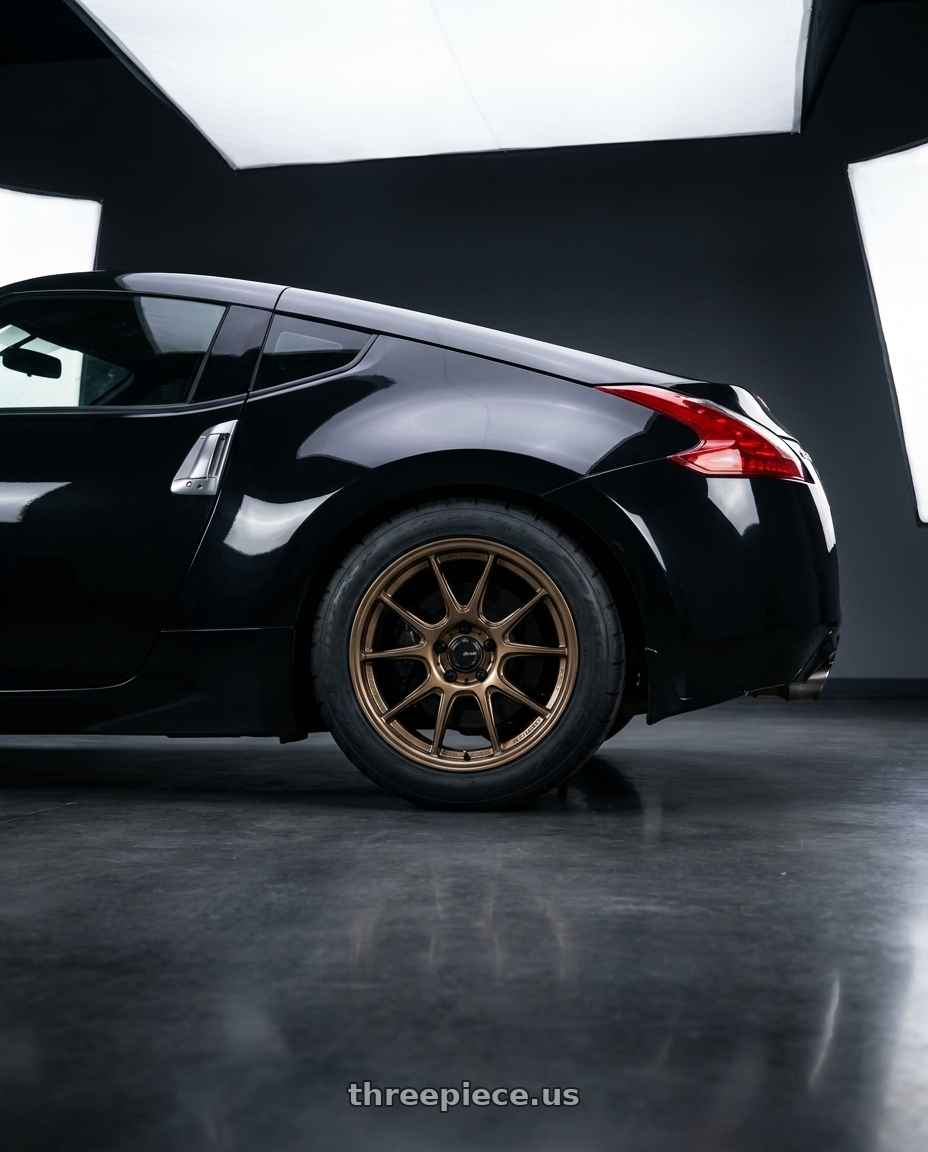 2010 nissan 370z with Konig Ampliform 5x114.3 19x9.5+25 Gloss Bronze wheels rear three quarter view meaty tires