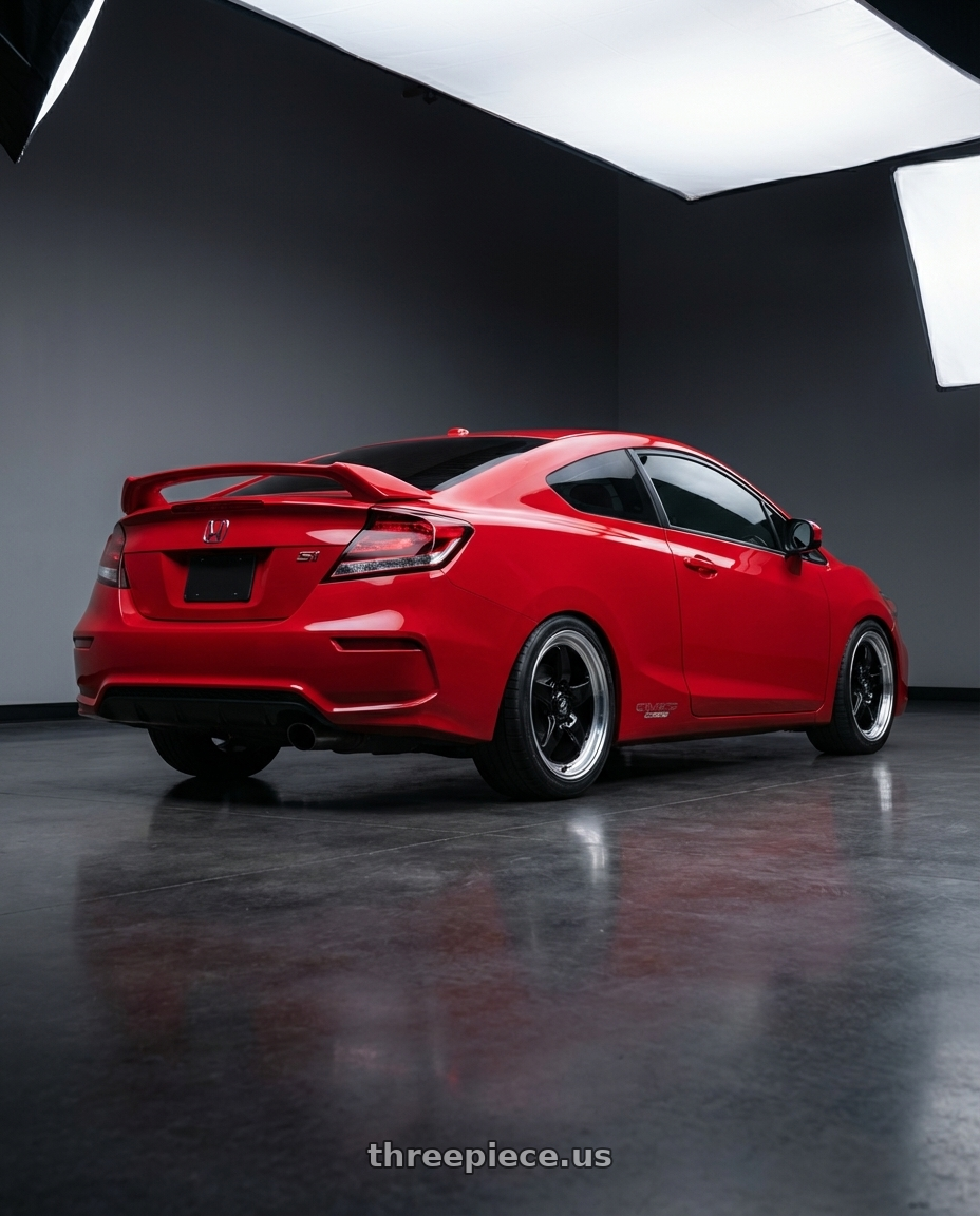 2015 Honda Civic Si with Forgestar D5 Drag 5x114.3 17x5 -21 Gloss Black Machined wheels rear three quarter view square tires