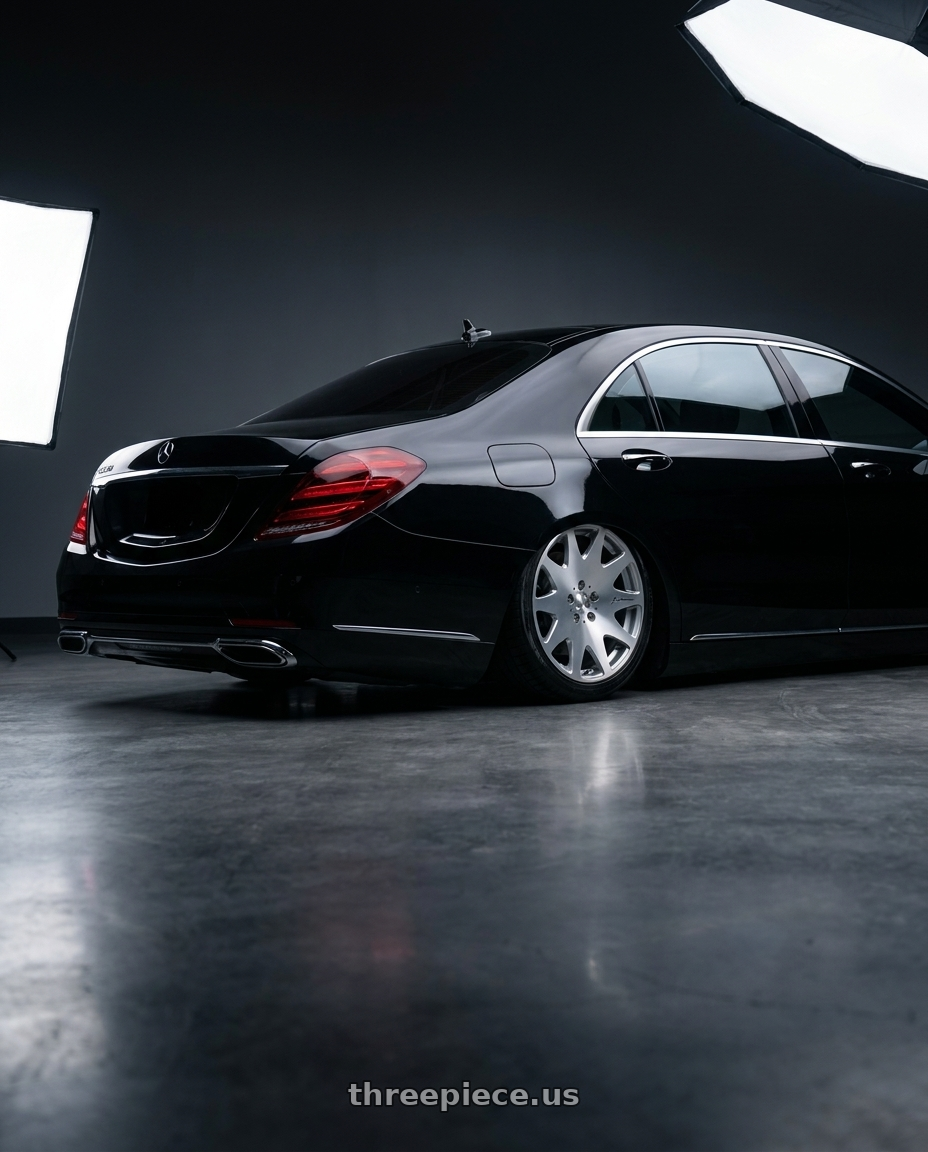 2018 Mercedes s560 with MRR HR3 5x114.3 19x9.5  +40 Silver Machine Face wheels rear three quarter view square tires