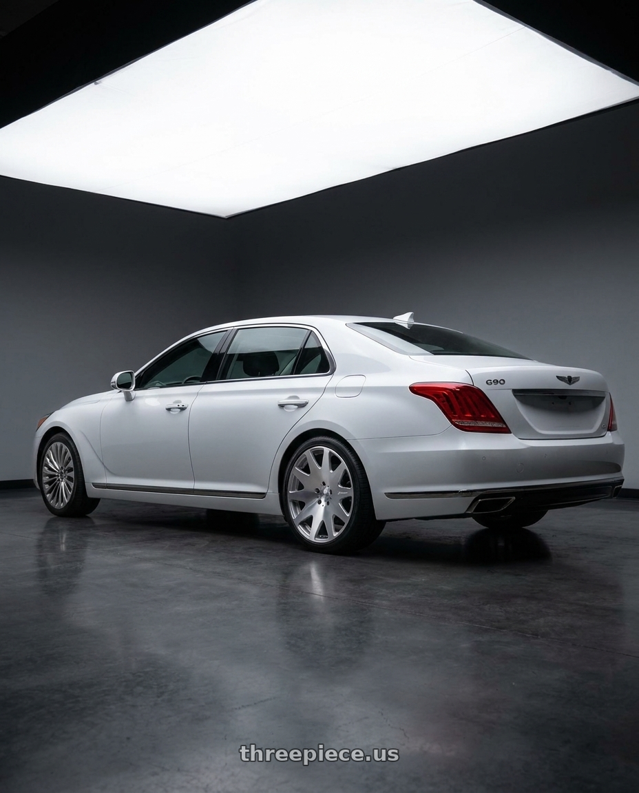 2018 genesis g90 ultimate with MRR HR3 5x114.3 20x8.5 +35 Silver Machine Face wheels rear three quarter view square tires