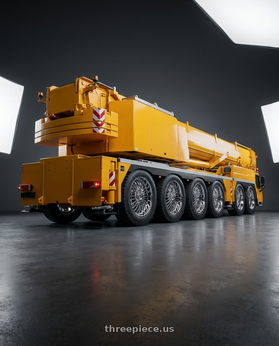 2019 liebherr ltm 1750 with Strada Spina 5x115/5x120 20x8 +15 Chrome wheels rear three quarter view square tires