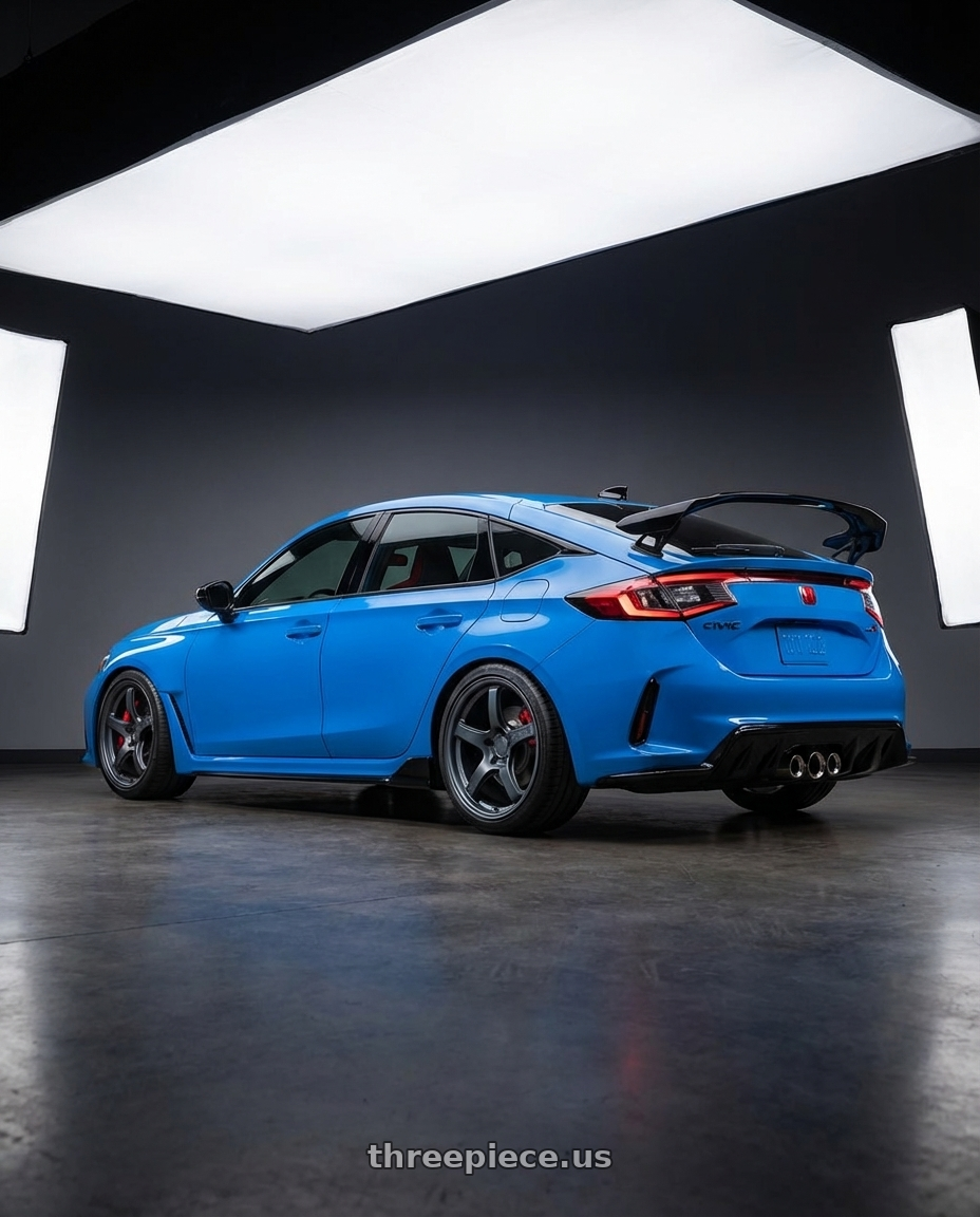 2024 Honda Civic Type R with Gram Lights 57CR 5x120 19x10.5+22 Gunblue II wheels rear three quarter view square tires