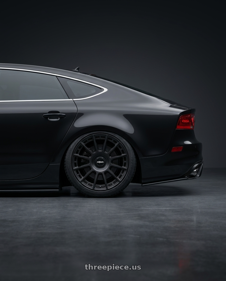 2012 audi A7 with Rotiform 1PC R159 OZR 5X112/5X120 20X9 +25 MATTE BLACK wheels rear three quarter view square tires
