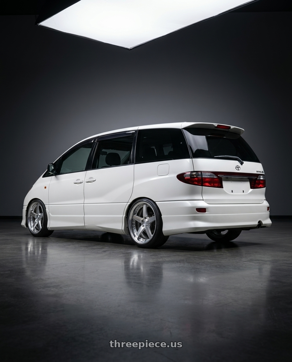 2000 toyota estima acr30w with Work Gnosis Gr203 5x114.3 19x8+38 W Disk Buff Finish wheels rear three quarter view slight stretch tires