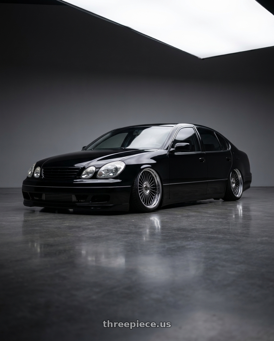 1997 Lexus GS300 with Work Emitz Black Polish 5x114.3 19x9.0 +38 wheels front three quarter view stanced stance