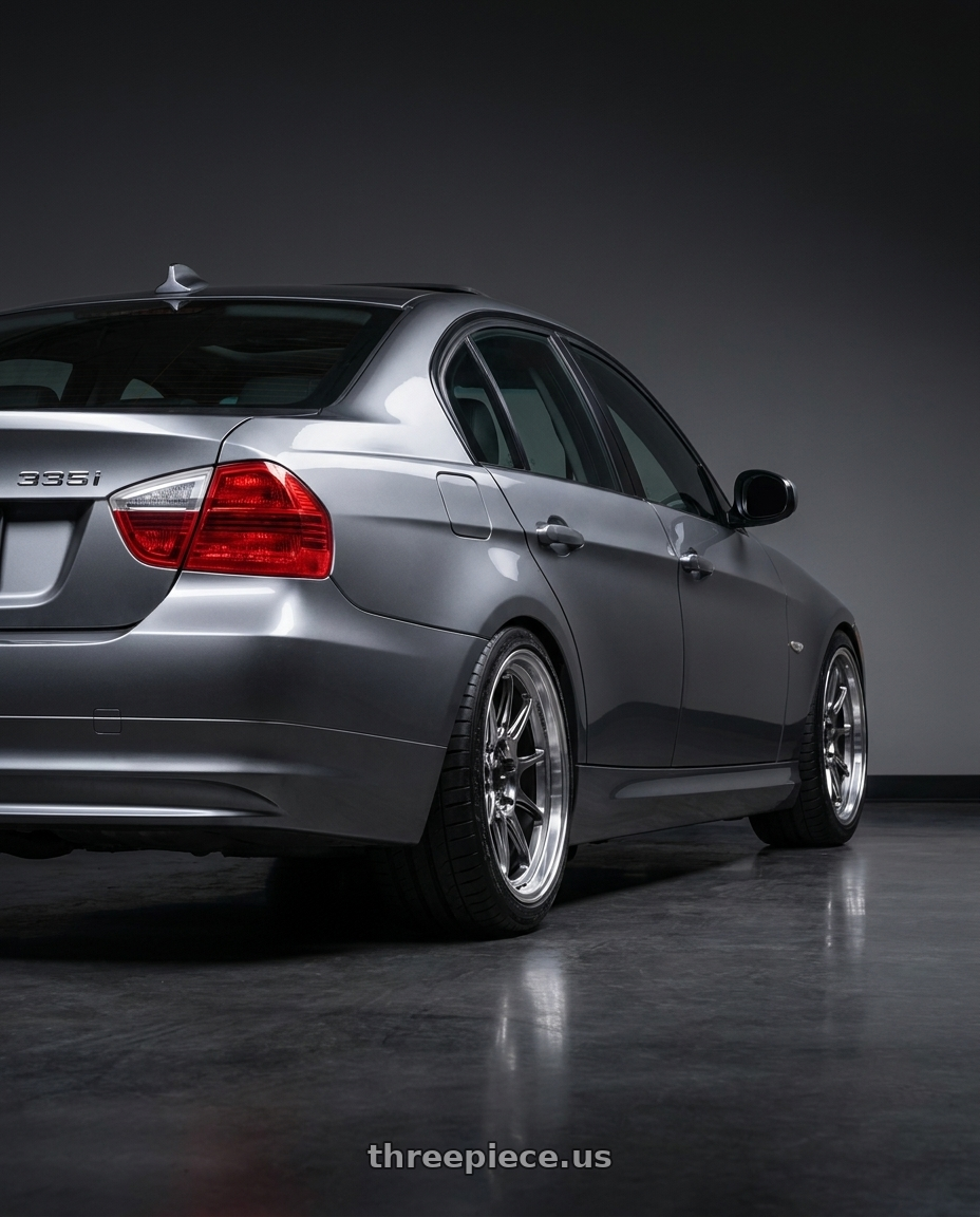 2008 bmw 335i  with Konig Countergram 5x114.3 19x11+18 Hyper Chrome / Machined Lip wheels rear three quarter view square tires