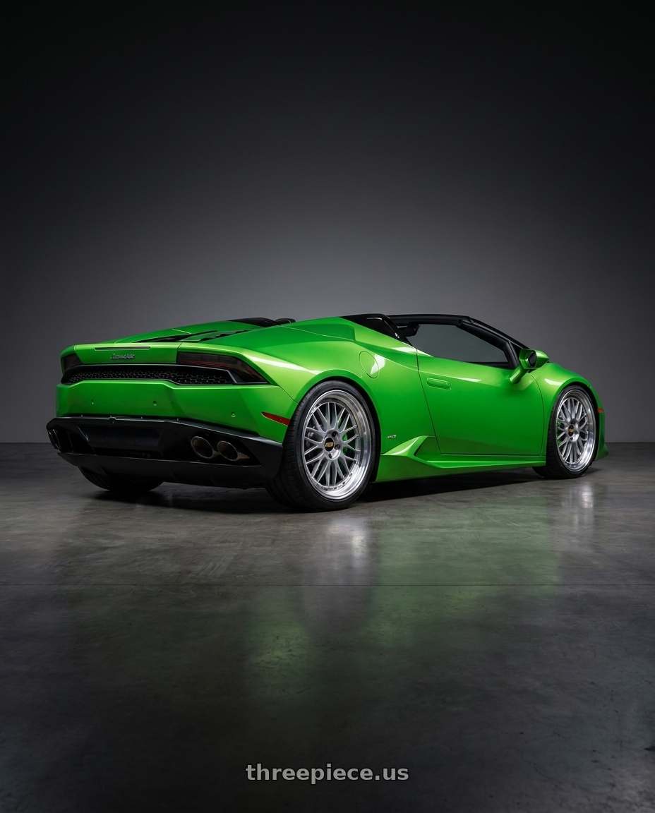 2019 Lamborghini Huracan Spider with BBS LM 5x120 21x9.0+32 Diamond Silver wheels rear three quarter view square tires