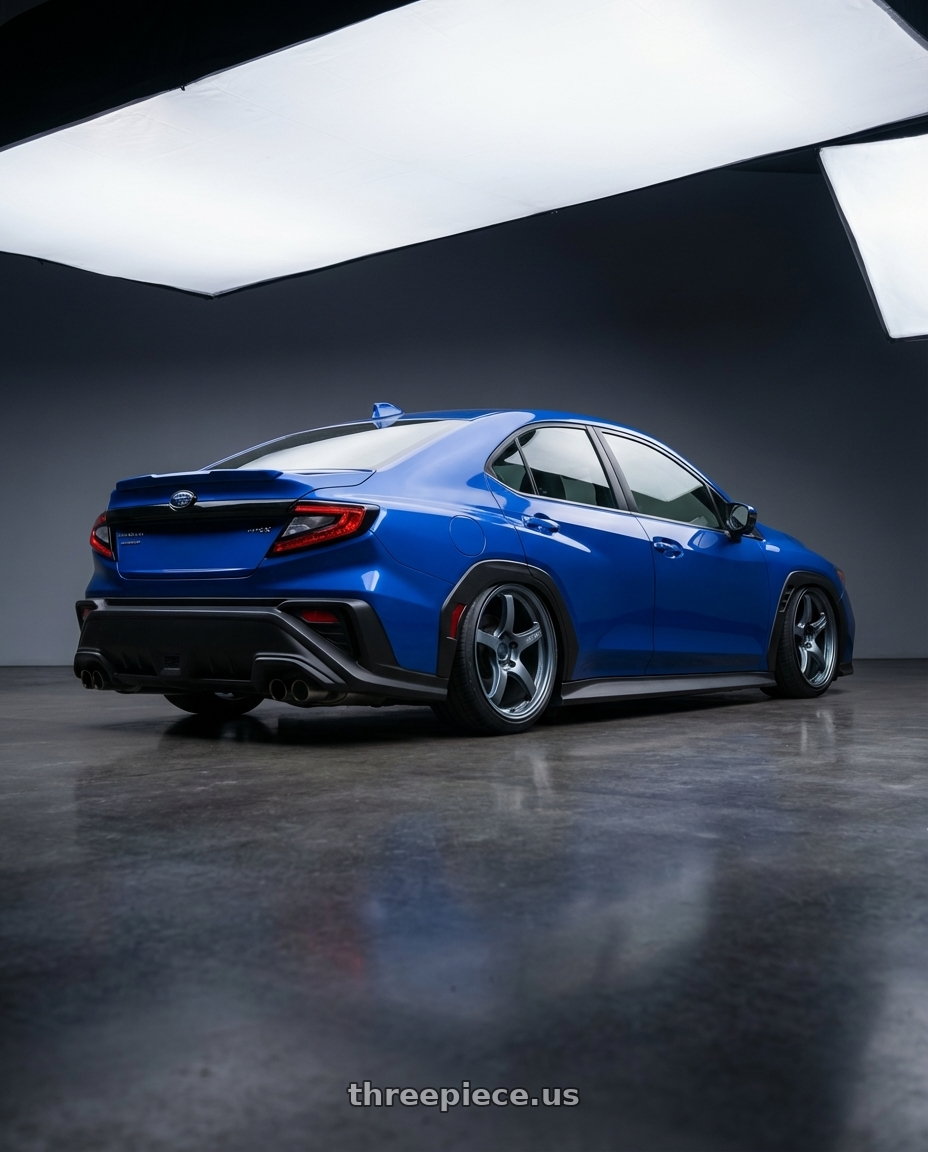 2024 Subaru WRX with Gram Lights 57CR 5x114.3 19x9.5+25 Gunblue II wheels rear three quarter view slight stretch tires