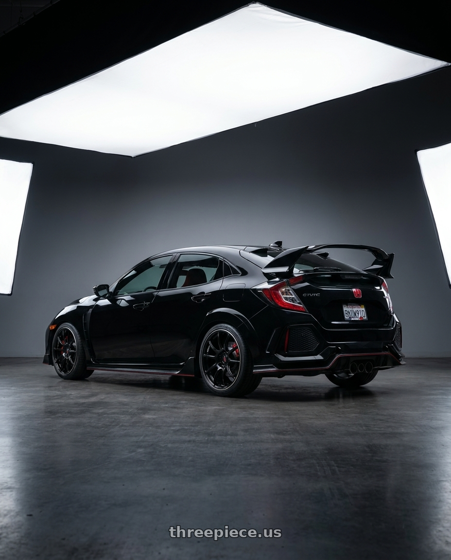 2021 Honda Civic Type R with Advan Racing RZII 5x120 18x8.5 +35 RACING GLOSS BLACK & RING wheels rear three quarter view square tires