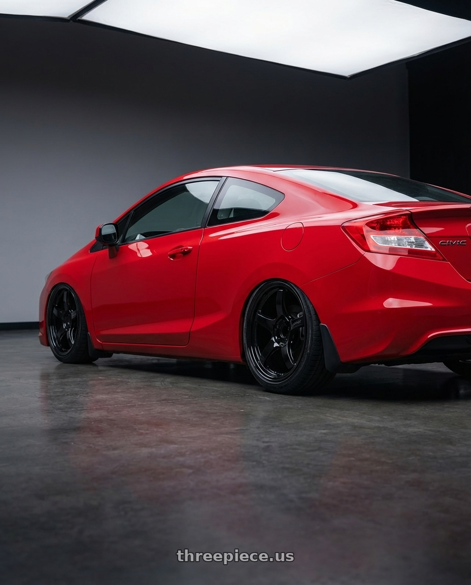 2011 Honda Civic Si with Gram Lights 57CR 5x114.3 18x9.5+12 Glossy Black wheels rear three quarter view slight stretch tires